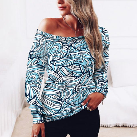 Long sleeved 3D digital printed women's shoulder sweatshirt