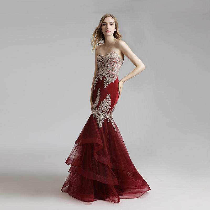 Exquisite Burgundy Strapless Mermaid Gown with Intricate Gold Embroidery and Ruffled Tulle Prom Dress,LX462