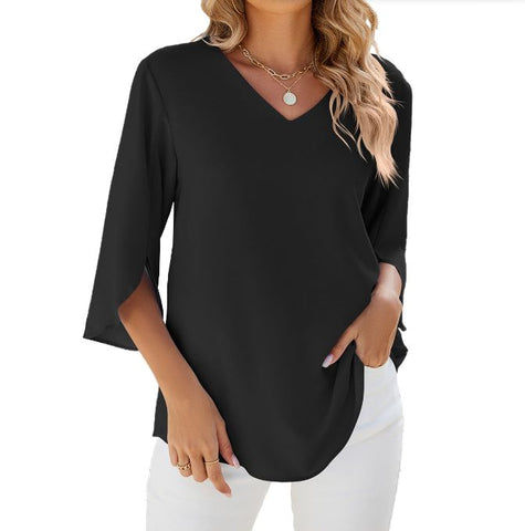 Spring/Summer New Solid Color V-neck Mid Sleeve Loose Chiffon Women's Top