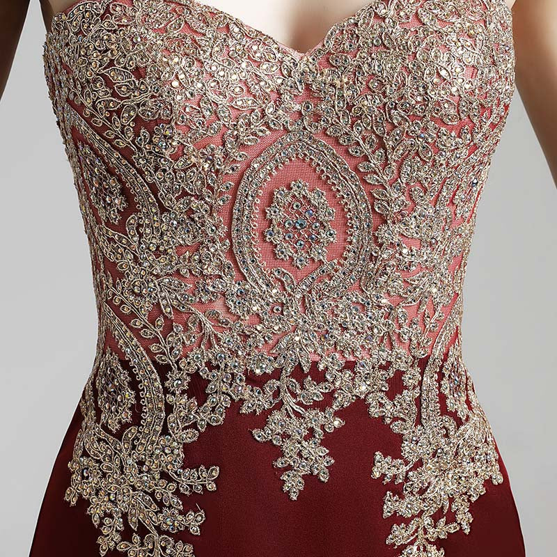 Exquisite Burgundy Strapless Mermaid Gown with Intricate Gold Embroidery and Ruffled Tulle Prom Dress,LX462