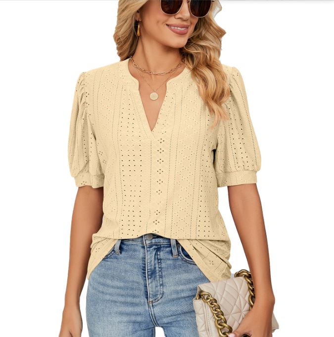 Summer casual V-neck solid color hollow bubble sleeve loose T-shirt