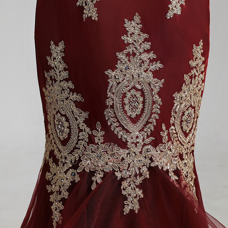 Exquisite Burgundy Strapless Mermaid Gown with Intricate Gold Embroidery and Ruffled Tulle Prom Dress,LX462