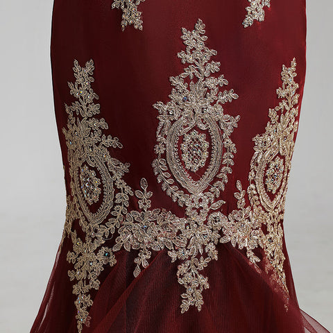 Exquisite Burgundy Strapless Mermaid Gown with Intricate Gold Embroidery and Ruffled Tulle Prom Dress,LX462