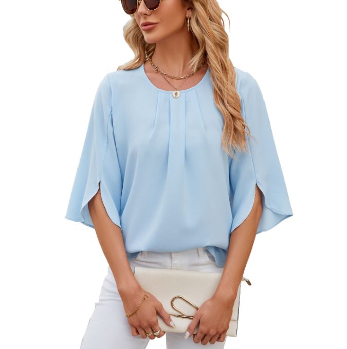 New solid color round neck five quarter sleeve short sleeved loose chiffon top