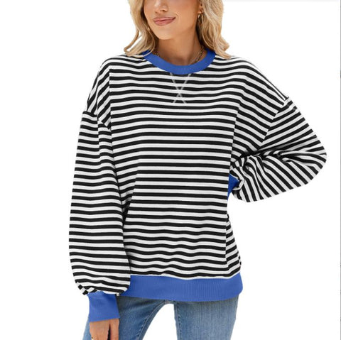 Autumn and winter striped round neck contrasting loose long sleeved sweatshirt jacket for women