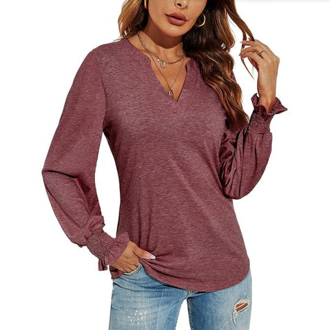 New V-neck patchwork loose autumn solid color top