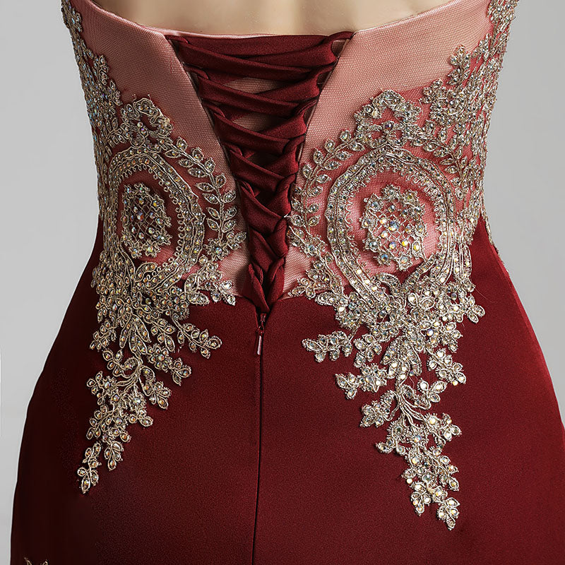 Exquisite Burgundy Strapless Mermaid Gown with Intricate Gold Embroidery and Ruffled Tulle Prom Dress,LX462