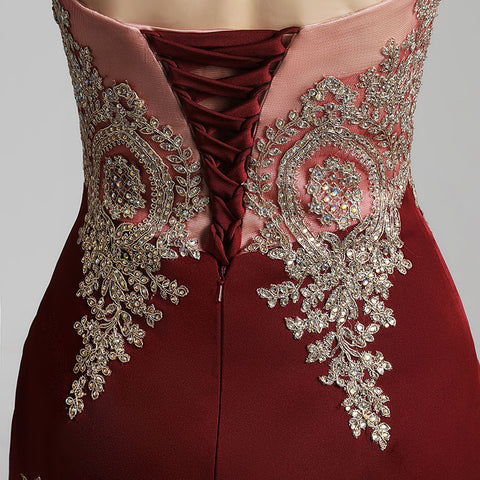 Exquisite Burgundy Strapless Mermaid Gown with Intricate Gold Embroidery and Ruffled Tulle Prom Dress,LX462
