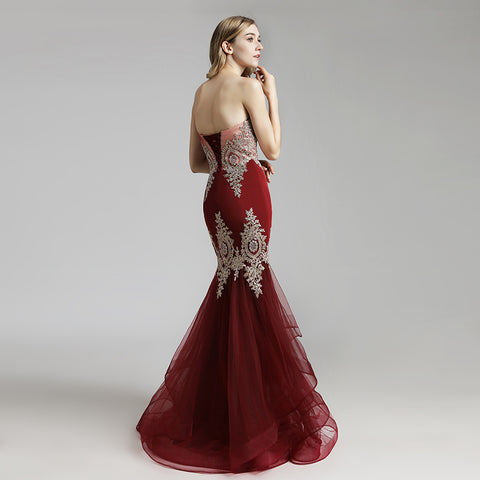 Exquisite Burgundy Strapless Mermaid Gown with Intricate Gold Embroidery and Ruffled Tulle Prom Dress,LX462