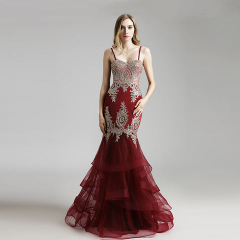 Exquisite Burgundy Strapless Mermaid Gown with Intricate Gold Embroidery and Ruffled Tulle Prom Dress,LX462