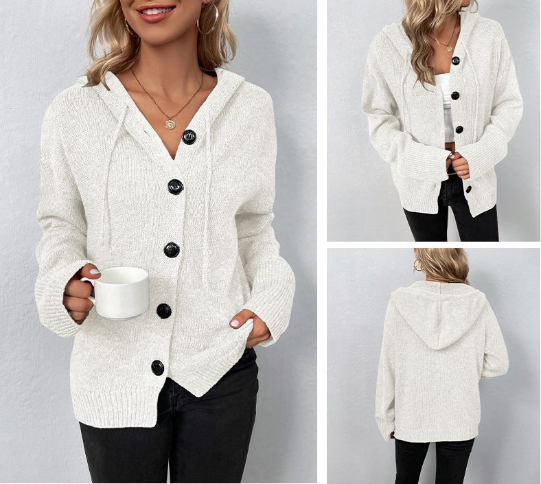 Solid color hooded single breasted autumn and winter drawstring knit sweater jacket