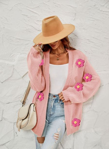 Large size flower cardigan lantern sleeve knitted sweater