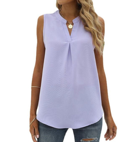 Solid color chiffon shirt loose V-neck pullover sleeveless top vest