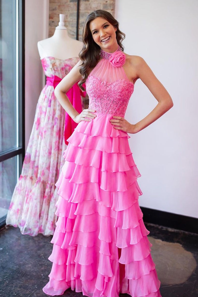 Long Pink Halter Tiered Chiffon Prom Dresses with Appliques