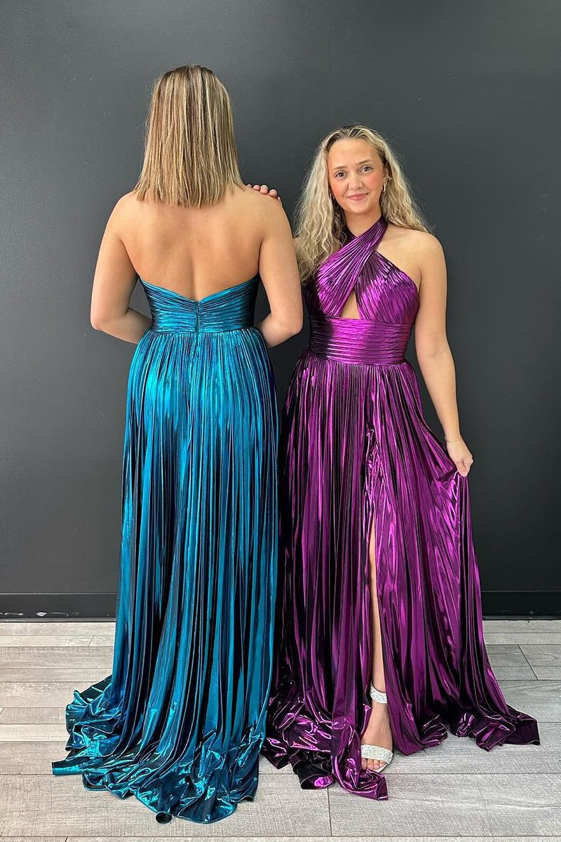 A-Line Purple Halter Pleated Satin Prom Dress with Slit