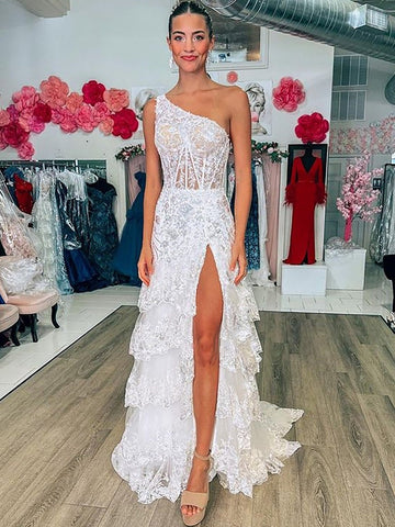 Tiered Lace Sheath One Shoulder  Long Prom Dress