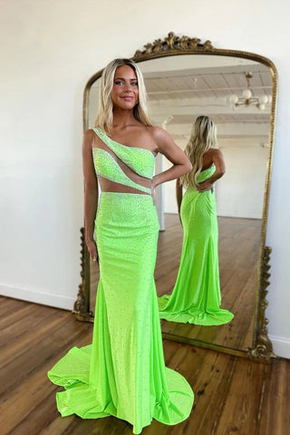 Green Mermaid One Shoulder Satin Long Prom Dress with Beading