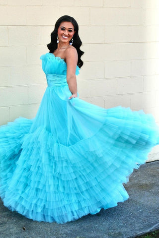Cute Blue Strapless Ruffle Tiered Tulle Long Prom Dress