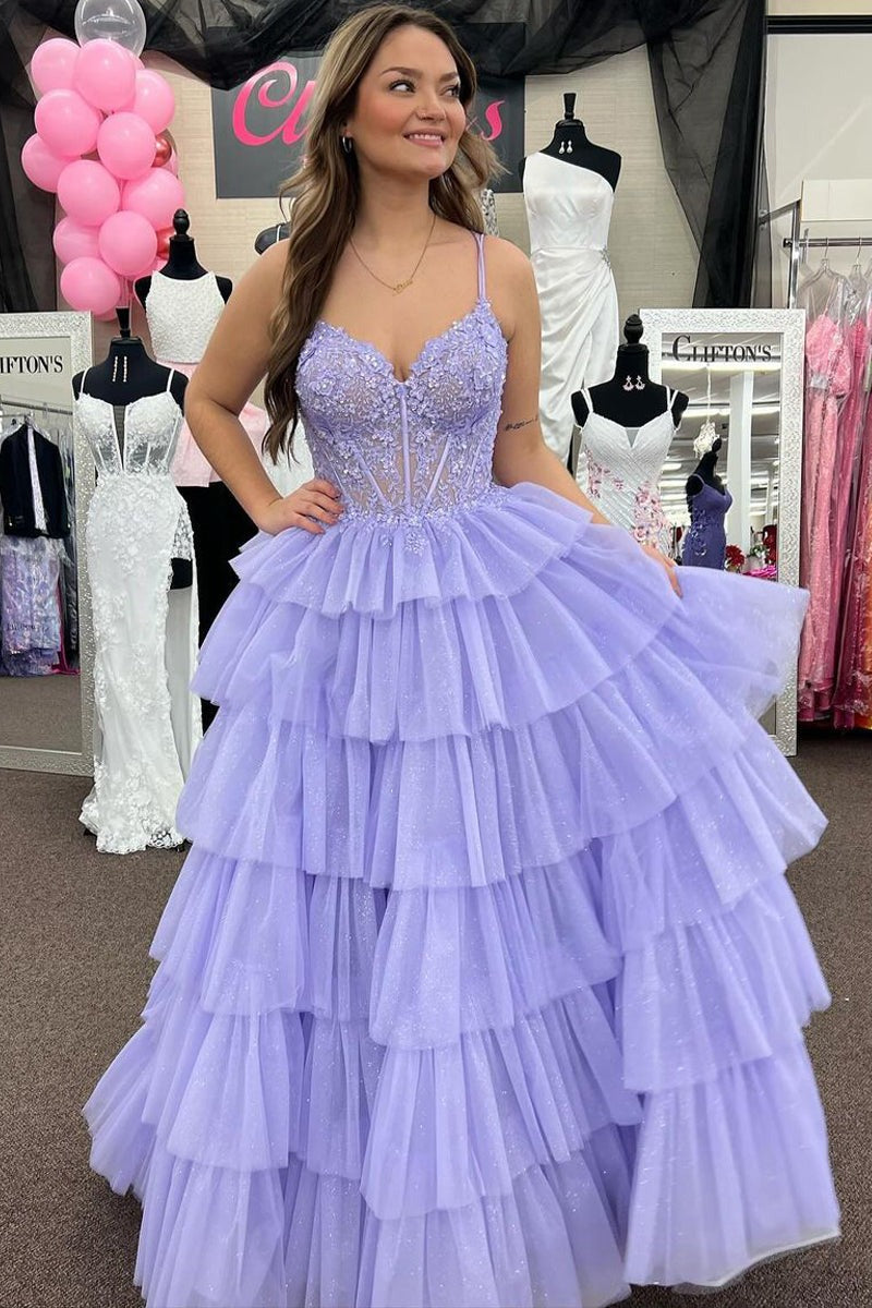 Ruffle Tiered Tulle A-Line Long Prom Dresses with Appliques