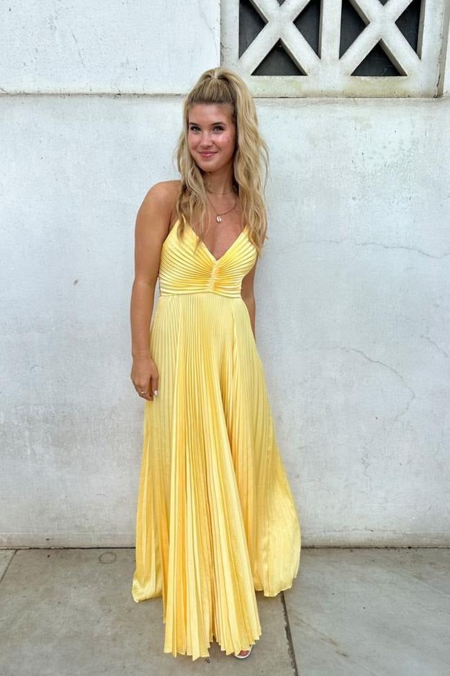 Charming  V Neck A Line Yellow Satin Long Prom Dresses