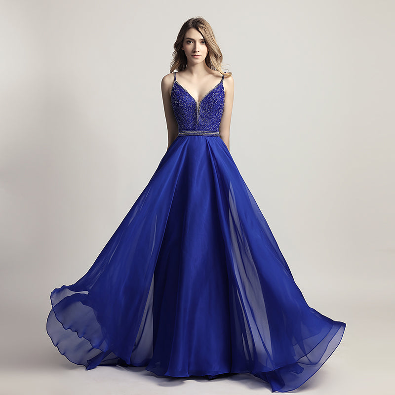 Elegant Light Pink Spaghetti Strap V - Neck Gown with Embroidered Bodice and Flowing Tulle Prom Dress,LX466