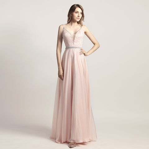 Elegant Light Pink Spaghetti Strap V - Neck Gown with Embroidered Bodice and Flowing Tulle Prom Dress,LX466