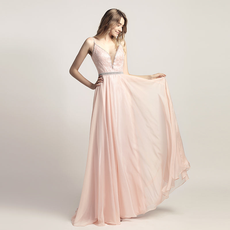 Elegant Light Pink Spaghetti Strap V - Neck Gown with Embroidered Bodice and Flowing Tulle Prom Dress,LX466