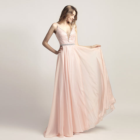 Elegant Light Pink Spaghetti Strap V - Neck Gown with Embroidered Bodice and Flowing Tulle Prom Dress,LX466