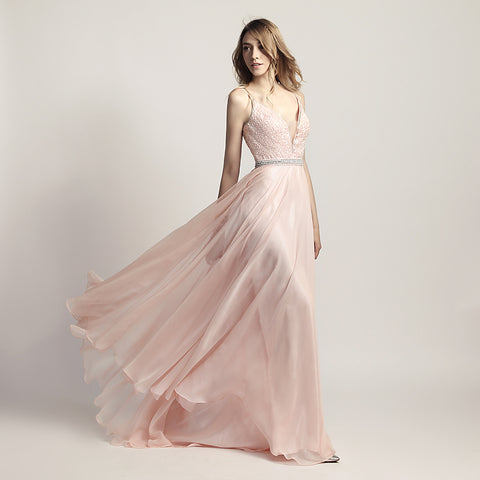 Elegant Light Pink Spaghetti Strap V - Neck Gown with Embroidered Bodice and Flowing Tulle Prom Dress,LX466