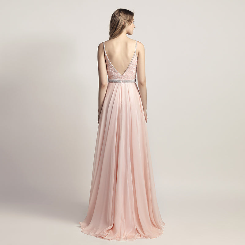 Elegant Light Pink Spaghetti Strap V - Neck Gown with Embroidered Bodice and Flowing Tulle Prom Dress,LX466