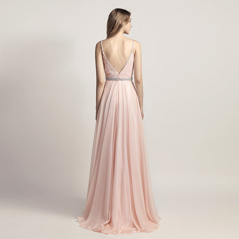 Elegant Light Pink Spaghetti Strap V - Neck Gown with Embroidered Bodice and Flowing Tulle Prom Dress,LX466