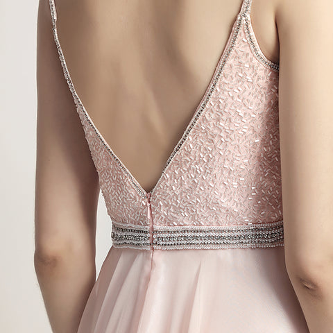 Elegant Light Pink Spaghetti Strap V - Neck Gown with Embroidered Bodice and Flowing Tulle Prom Dress,LX466