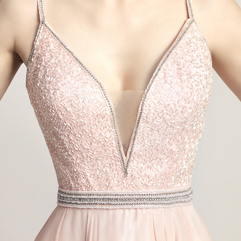 Elegant Light Pink Spaghetti Strap V - Neck Gown with Embroidered Bodice and Flowing Tulle Prom Dress,LX466
