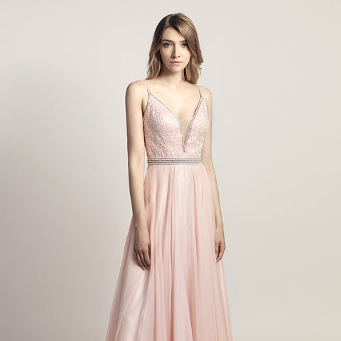 Elegant Light Pink Spaghetti Strap V - Neck Gown with Embroidered Bodice and Flowing Tulle Prom Dress,LX466