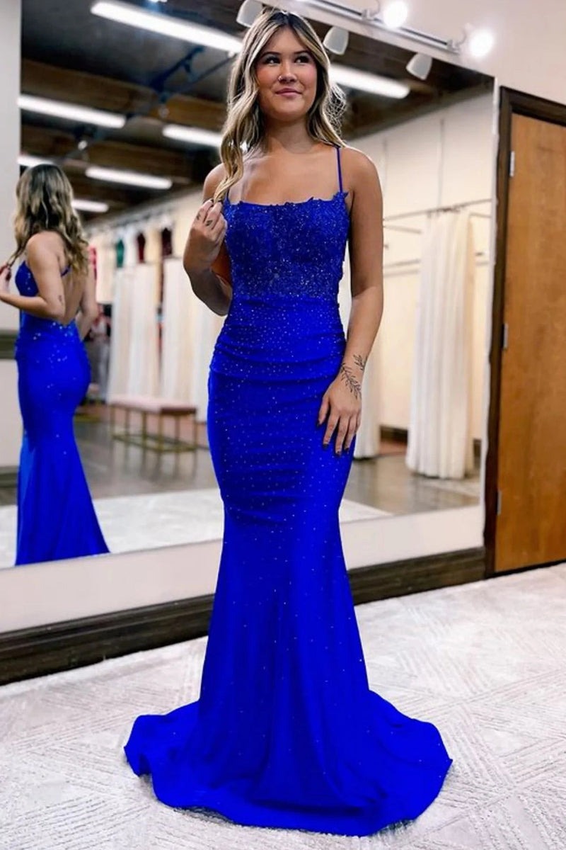 Long Mermaid Spaghetti Straps  Prom Dress with Appliques