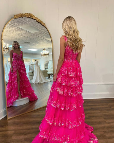 A-Line  Off-the-Shoulder Tiered Long Lace Prom Dress with Slit