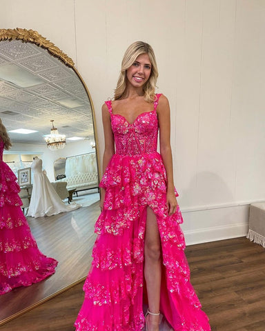 A-Line  Off-the-Shoulder Tiered Long Lace Prom Dress with Slit