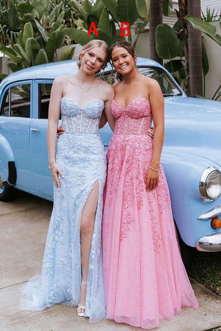 Charming Strapless Blue Tulle Long Mermaid Prom Dress with Appliques