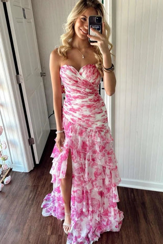 Sheath Strapless Floral Printed Chiffon Prom Dress