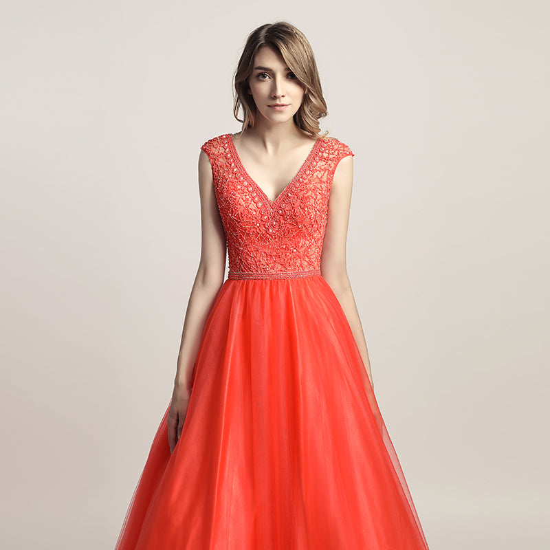 Glamorous Red Sleeveless V - Neck Tulle Ball Gown with Embroidered Bodice Prom Dress, LX426