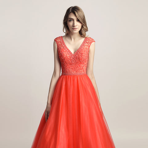 Glamorous Red Sleeveless V - Neck Tulle Ball Gown with Embroidered Bodice Prom Dress, LX426