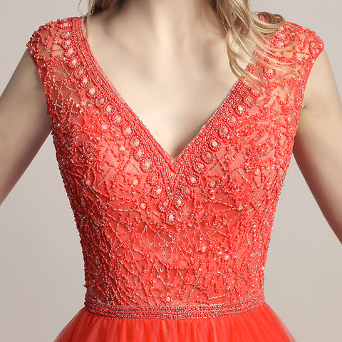 Glamorous Red Sleeveless V - Neck Tulle Ball Gown with Embroidered Bodice Prom Dress, LX426