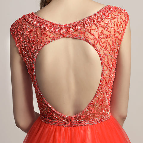 Glamorous Red Sleeveless V - Neck Tulle Ball Gown with Embroidered Bodice Prom Dress, LX426