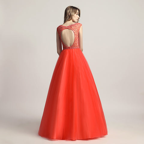Glamorous Red Sleeveless V - Neck Tulle Ball Gown with Embroidered Bodice Prom Dress, LX426