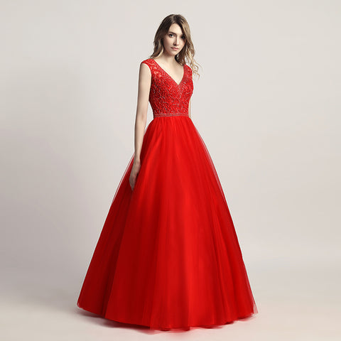 Glamorous Red Sleeveless V - Neck Tulle Ball Gown with Embroidered Bodice Prom Dress, LX426