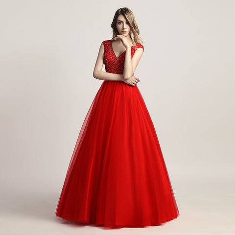 Glamorous Red Sleeveless V - Neck Tulle Ball Gown with Embroidered Bodice Prom Dress, LX426