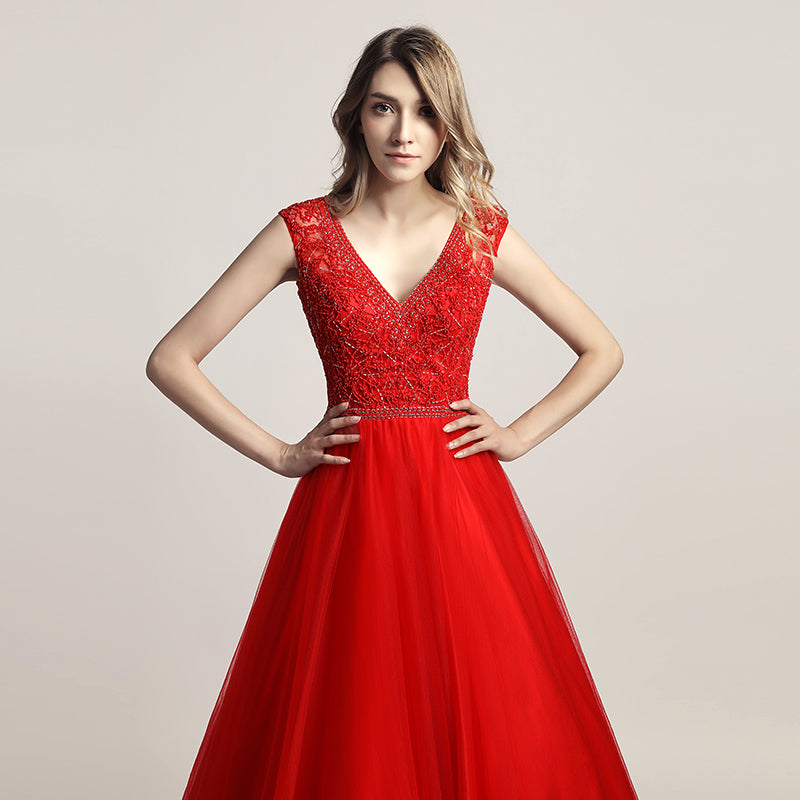 Glamorous Red Sleeveless V - Neck Tulle Ball Gown with Embroidered Bodice Prom Dress, LX426
