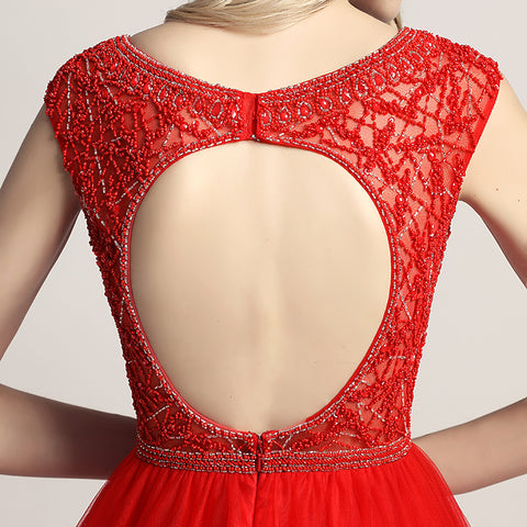 Glamorous Red Sleeveless V - Neck Tulle Ball Gown with Embroidered Bodice Prom Dress, LX426