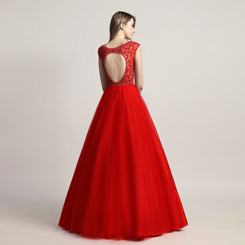 Glamorous Red Sleeveless V - Neck Tulle Ball Gown with Embroidered Bodice Prom Dress, LX426