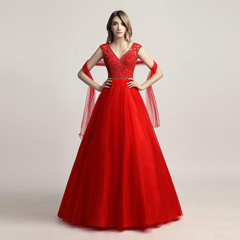 Glamorous Red Sleeveless V - Neck Tulle Ball Gown with Embroidered Bodice Prom Dress, LX426